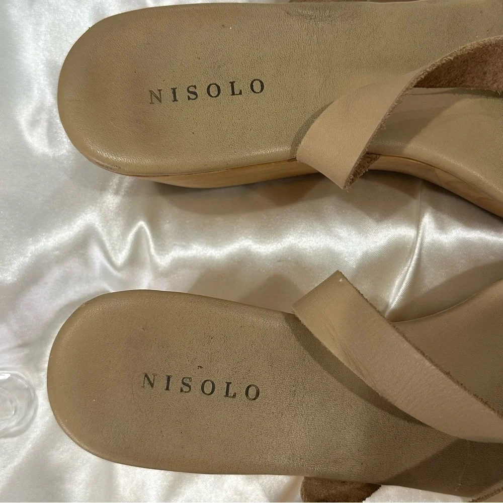 Nisolo Sarita Wooden Wedge Sandal Size 9 Leather Wrap Beige Festival Vacation